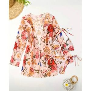 NEW Three-Piece Dusty Rose Floral Cheeky String Bikini w/Coverup MEDIUM A-D Cup
